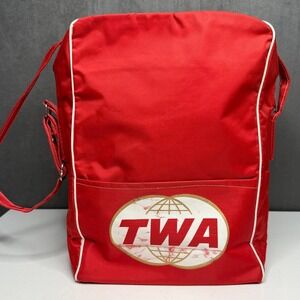 Vintage TWA Airlines Red Nylon Shoulder Bag Tote Travel Luggage Retro